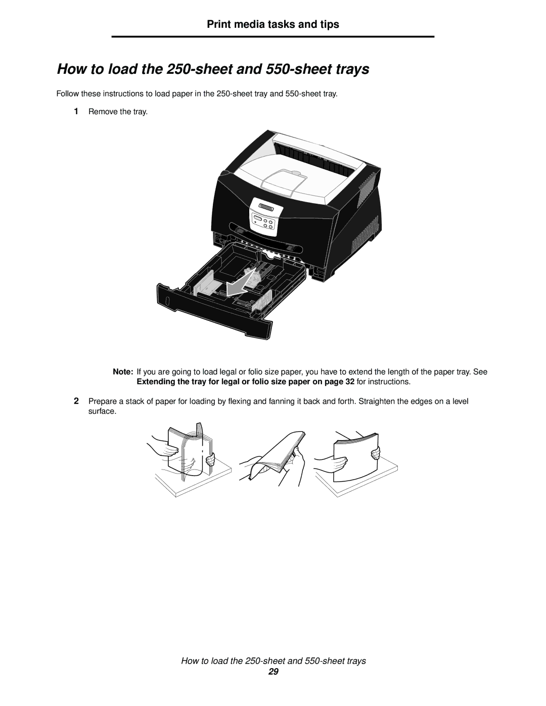 Lexmark 340, 342n manual How to load the 250-sheet and 550-sheet trays 