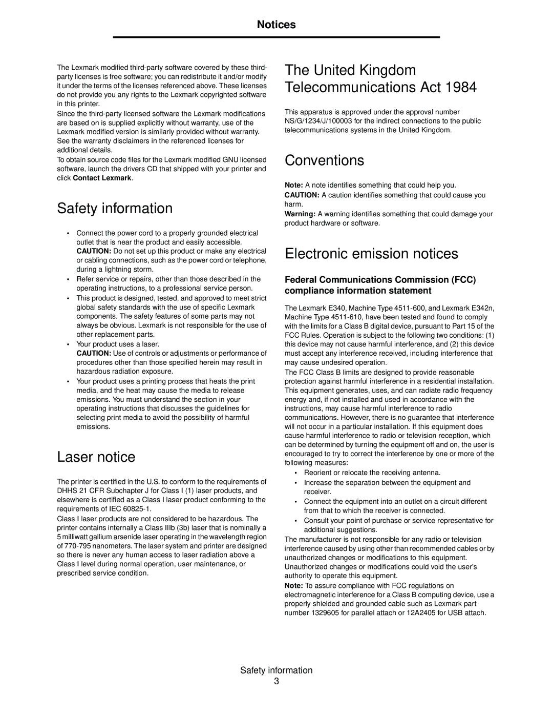 Lexmark 340, 342n manual United Kingdom Telecommunications Act, Conventions Safety information, Laser notice 