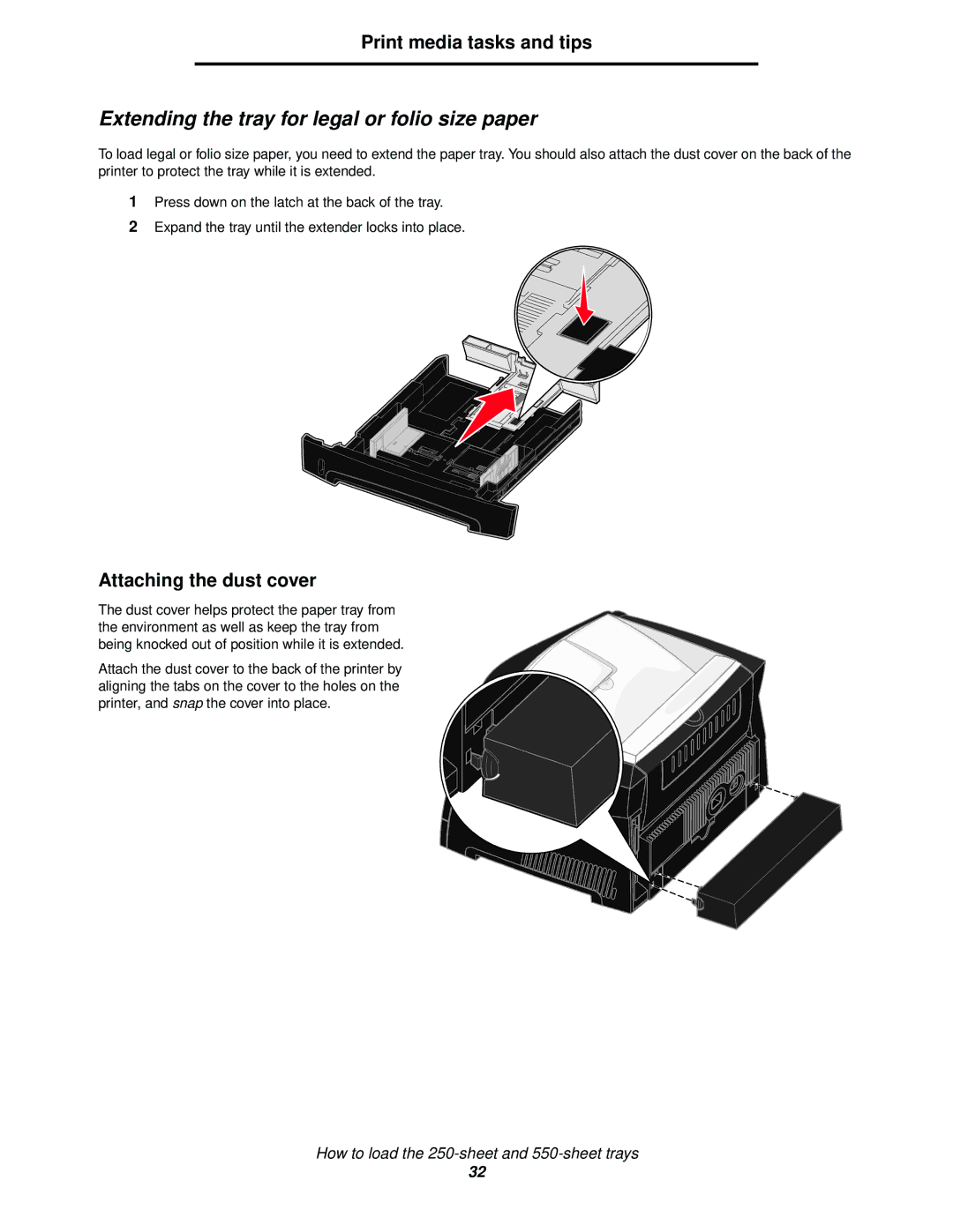 Lexmark 342n, 340 manual Extending the tray for legal or folio size paper, Attaching the dust cover 