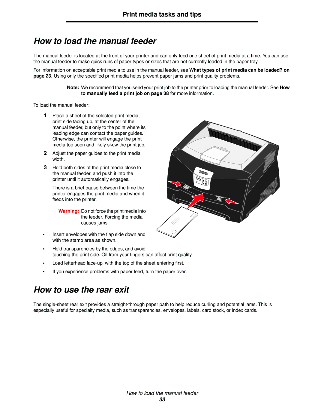 Lexmark 340, 342n How to load the manual feeder, How to use the rear exit 