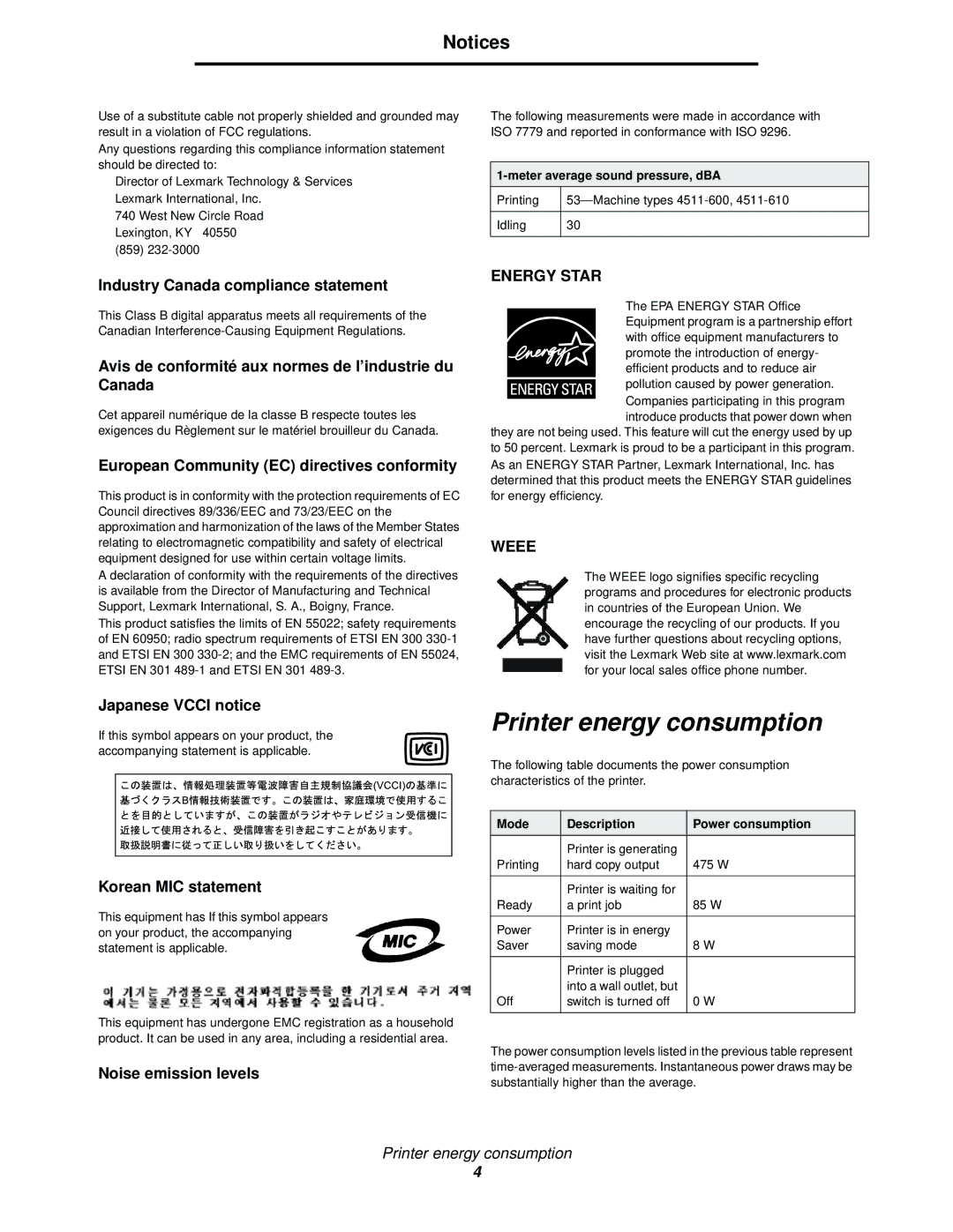 Lexmark 342n, 340 manual Printer energy consumption 