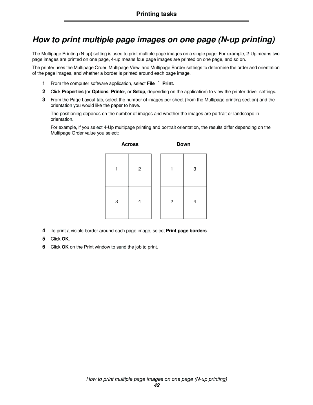 Lexmark 342n, 340 manual How to print multiple page images on one page N-up printing, Across Down 