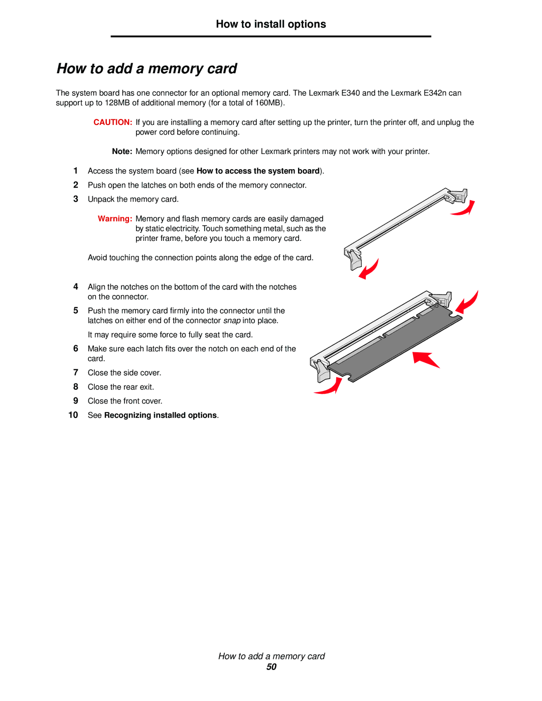 Lexmark 342n, 340 manual How to add a memory card, See Recognizing installed options 