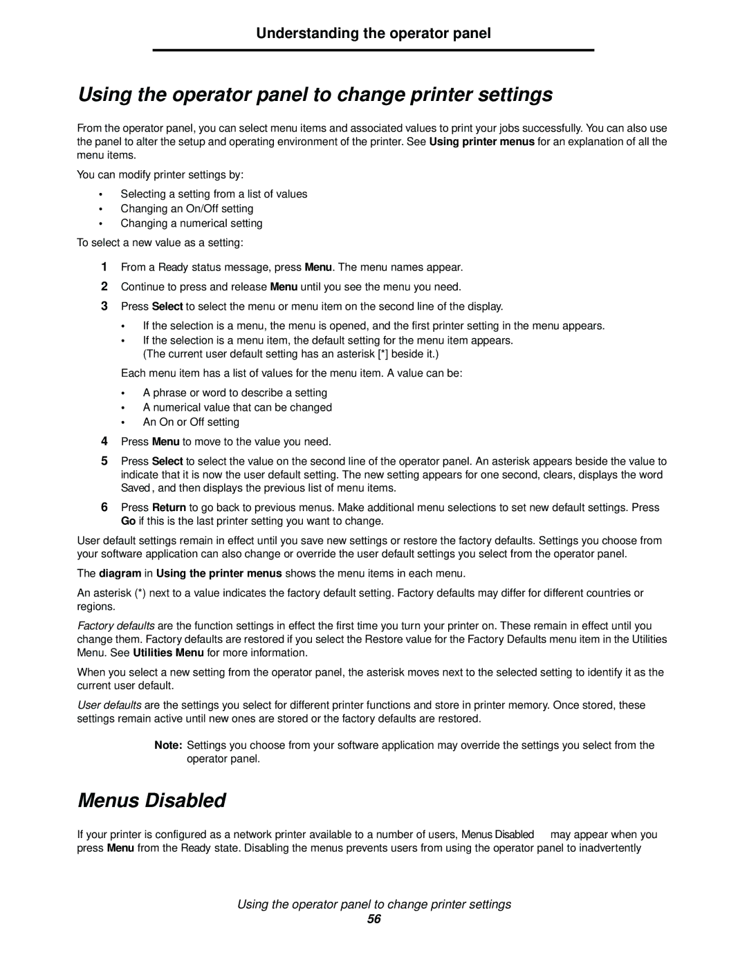 Lexmark 342n, 340 manual Using the operator panel to change printer settings, Menus Disabled 