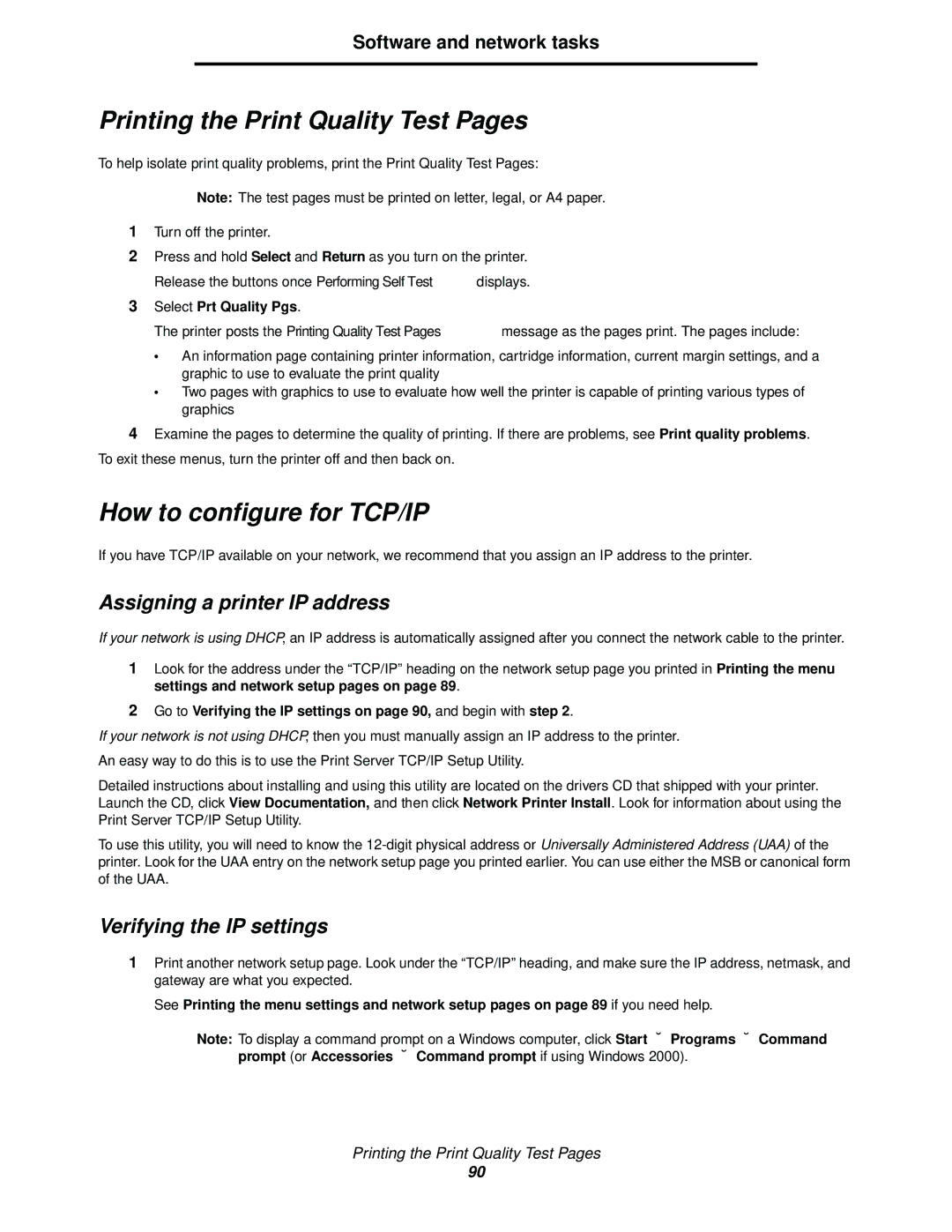 Lexmark 342n, 340 manual Printing the Print Quality Test Pages, How to configure for TCP/IP, Assigning a printer IP address 