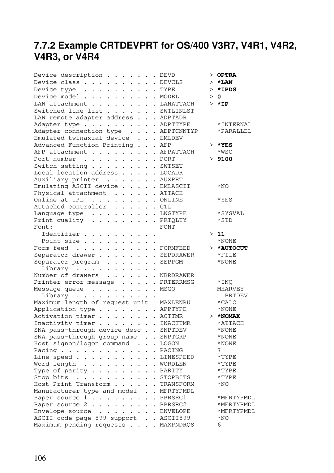 Lexmark 3455 manual Example Crtdevprt for OS/400 V3R7, V4R1, V4R2, V4R3, or V4R4 