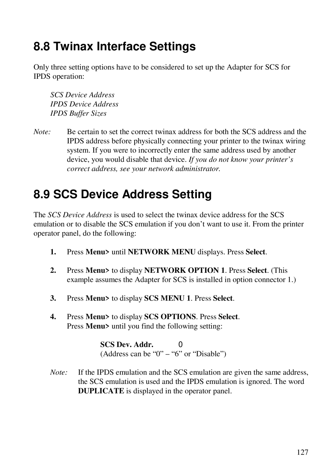 Lexmark 3455 manual Twinax Interface Settings, SCS Device Address Setting, SCS Dev. Addr 