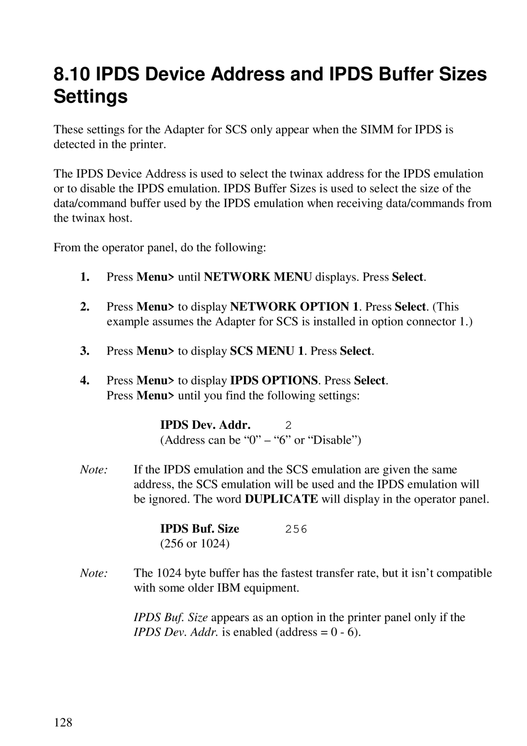 Lexmark 3455 manual Ipds Device Address and Ipds Buffer Sizes Settings, Ipds Dev. Addr, Ipds Buf. Size 