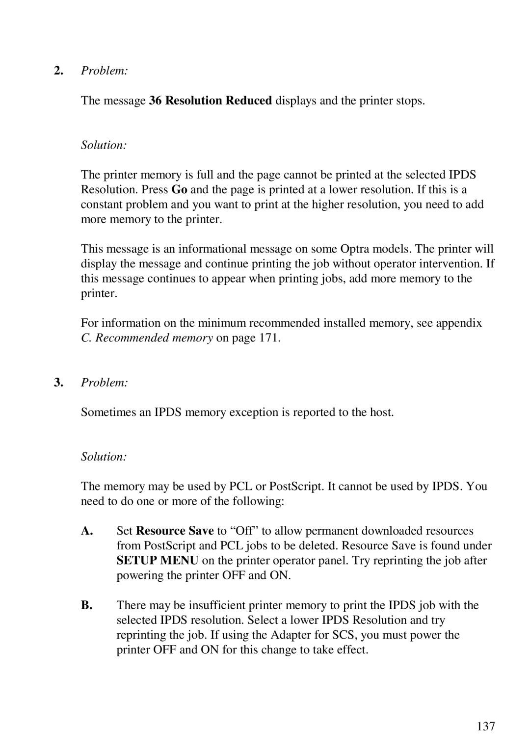 Lexmark 3455 manual Recommended memory on Problem 