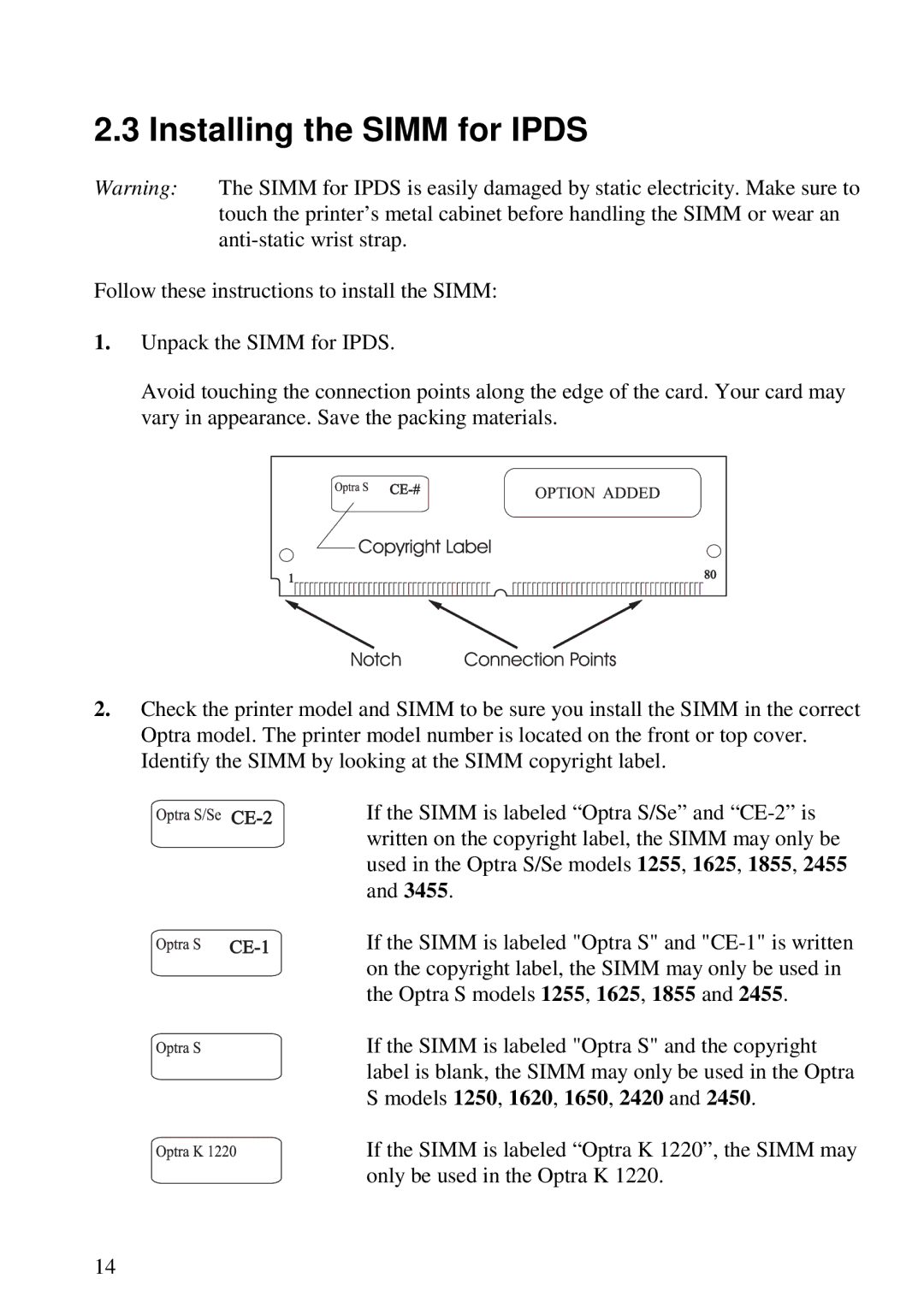 Lexmark 3455 manual Installing the Simm for Ipds, Models 1250, 1620, 1650, 2420 