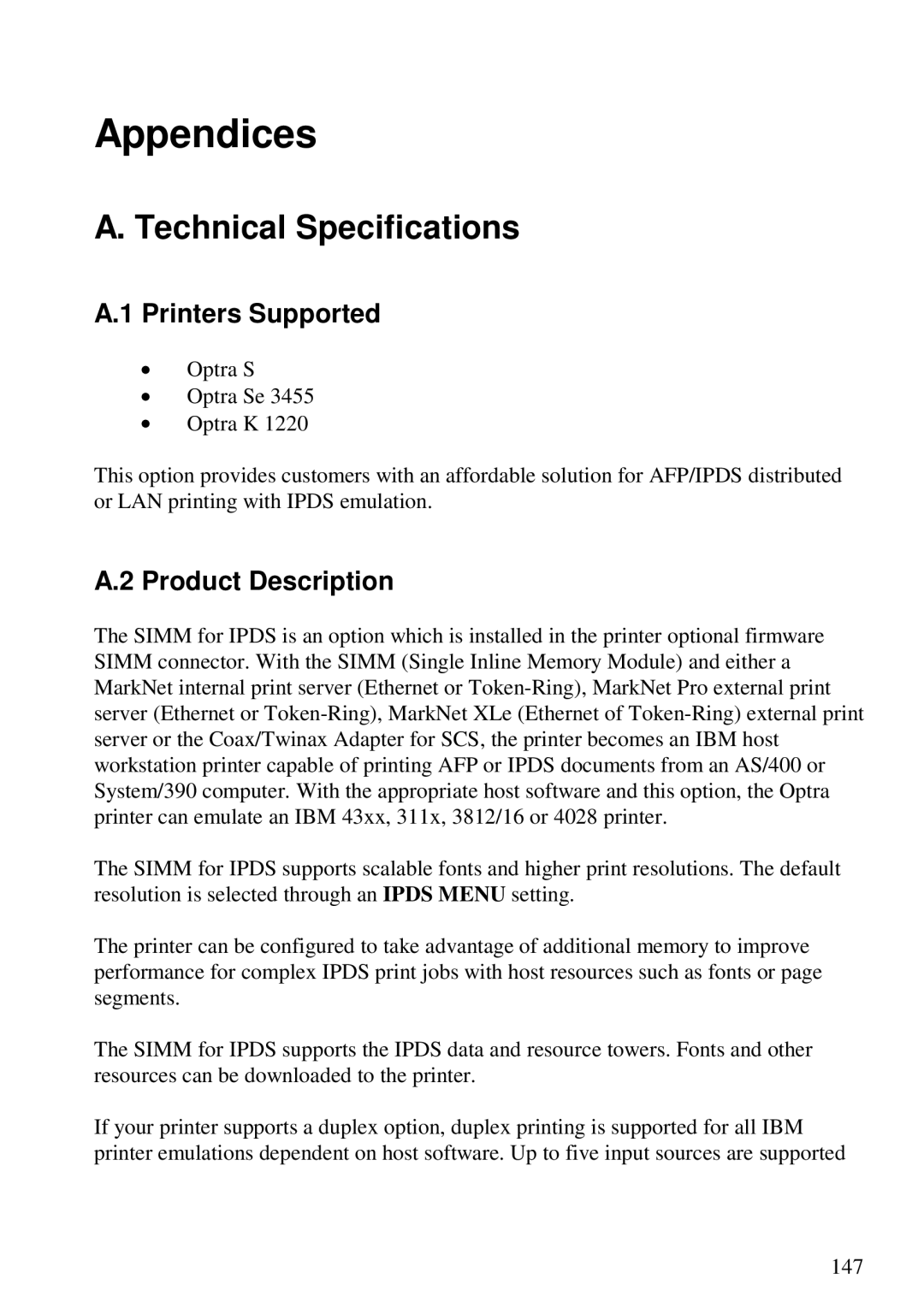 Lexmark 3455 manual Appendices, Technical Specifications, Printers Supported, Product Description 