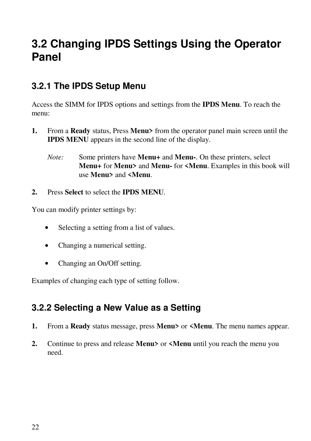 Lexmark 3455 manual Changing Ipds Settings Using the Operator Panel, Ipds Setup Menu, Selecting a New Value as a Setting 