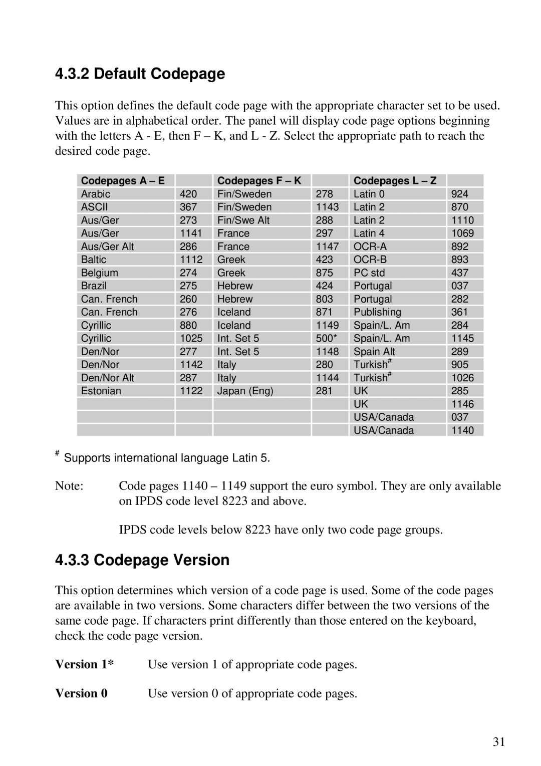 Lexmark 3455 manual Default Codepage, Codepage Version 