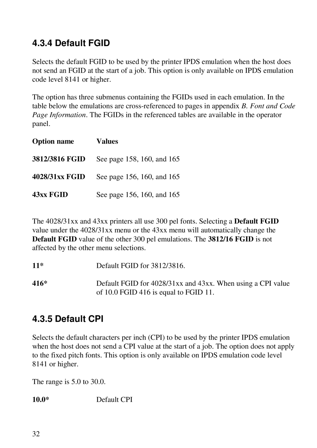 Lexmark 3455 manual Default Fgid, Default CPI, 43xx Fgid See page 156, 160, 416 