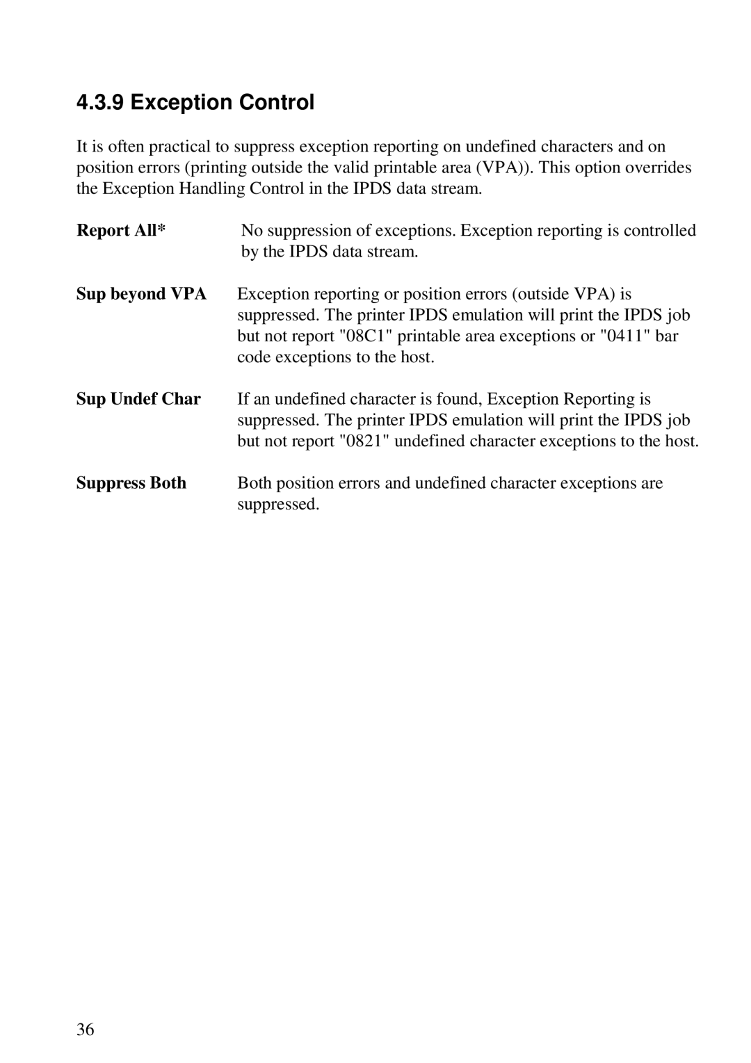 Lexmark 3455 manual Exception Control, Report All, Sup beyond VPA, Sup Undef Char, Suppress Both 