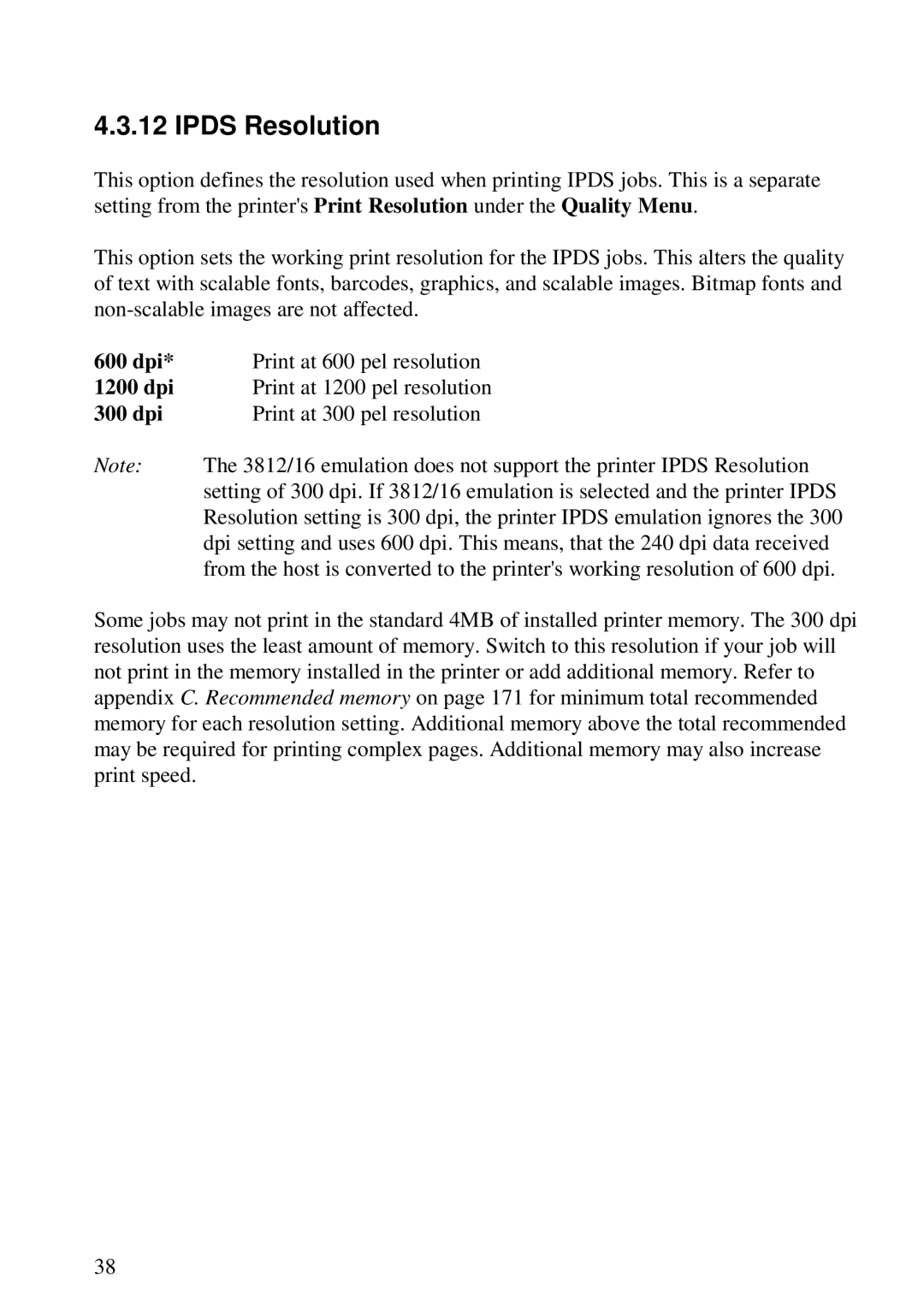 Lexmark 3455 manual Ipds Resolution, 600 dpi, 1200 dpi, 300 dpi 