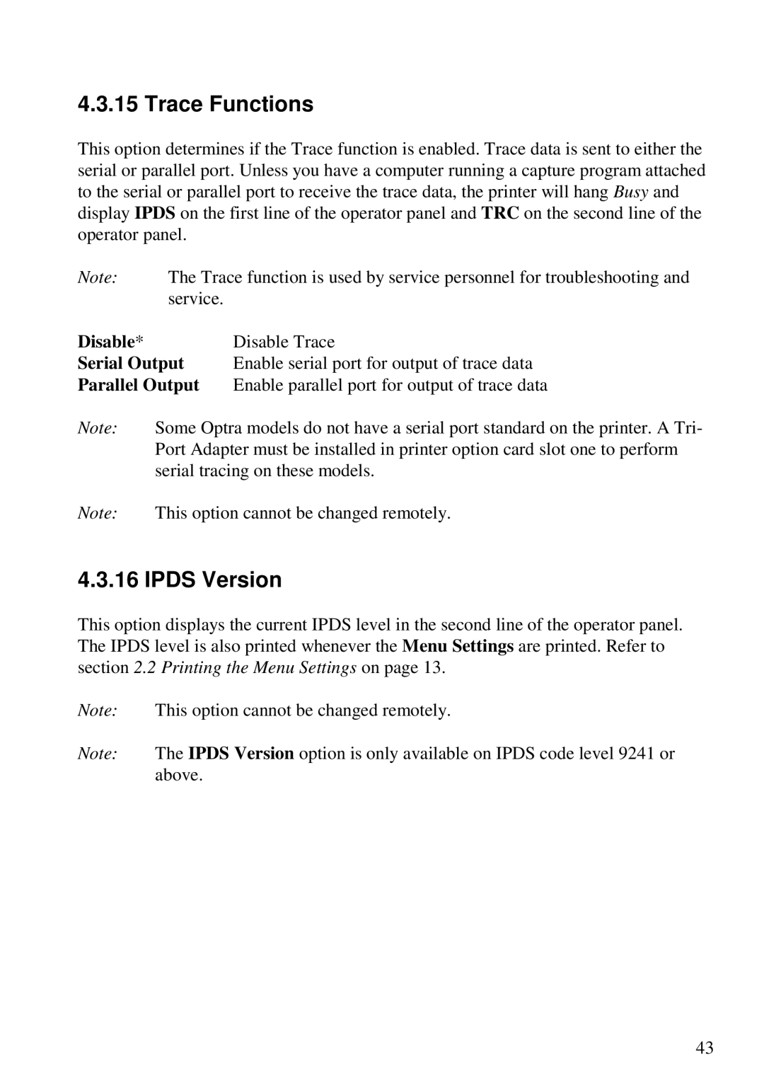 Lexmark 3455 manual Trace Functions, Ipds Version, Disable, Serial Output, Parallel Output 