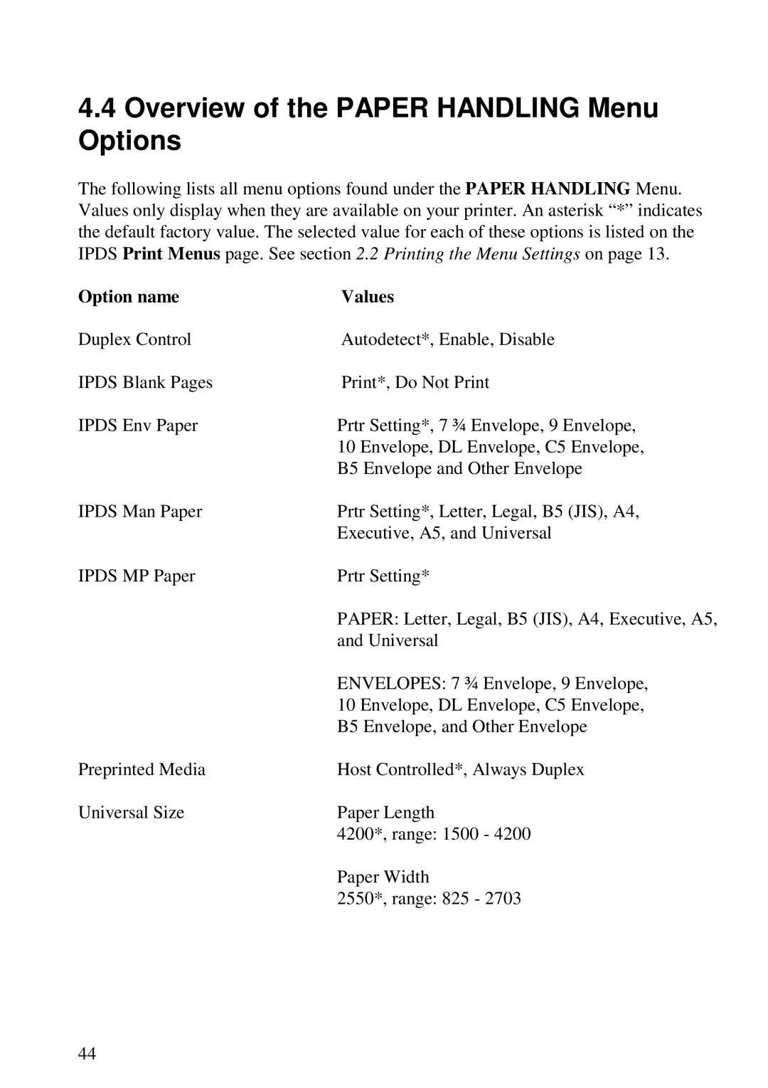 Lexmark 3455 manual Overview of the Paper Handling Menu Options, Option name Values 