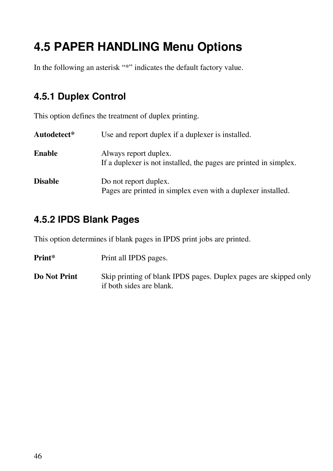 Lexmark 3455 manual Paper Handling Menu Options, Duplex Control, Ipds Blank Pages 