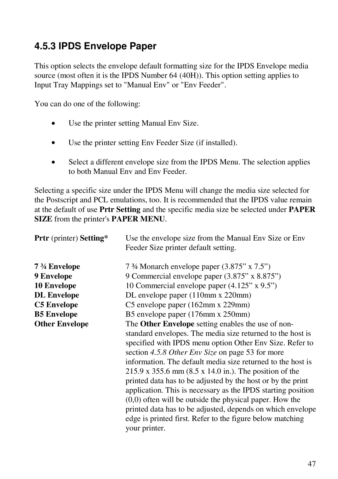 Lexmark 3455 manual Ipds Envelope Paper 