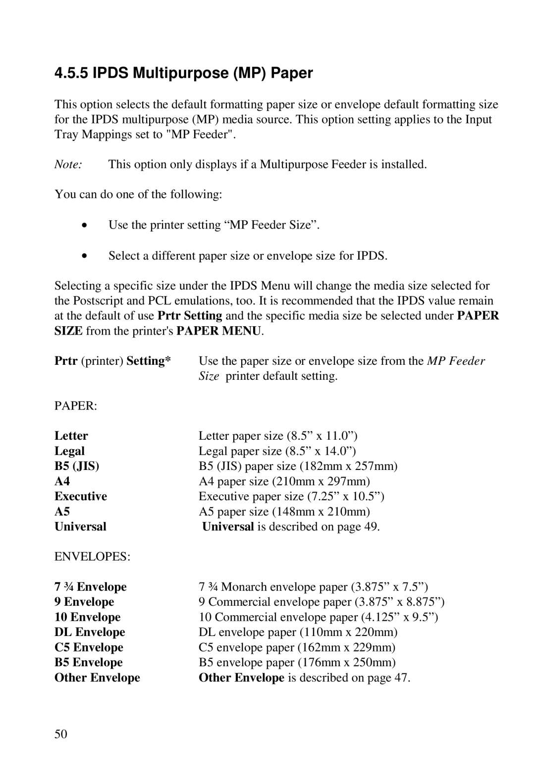 Lexmark 3455 manual Ipds Multipurpose MP Paper, ¾ Envelope 