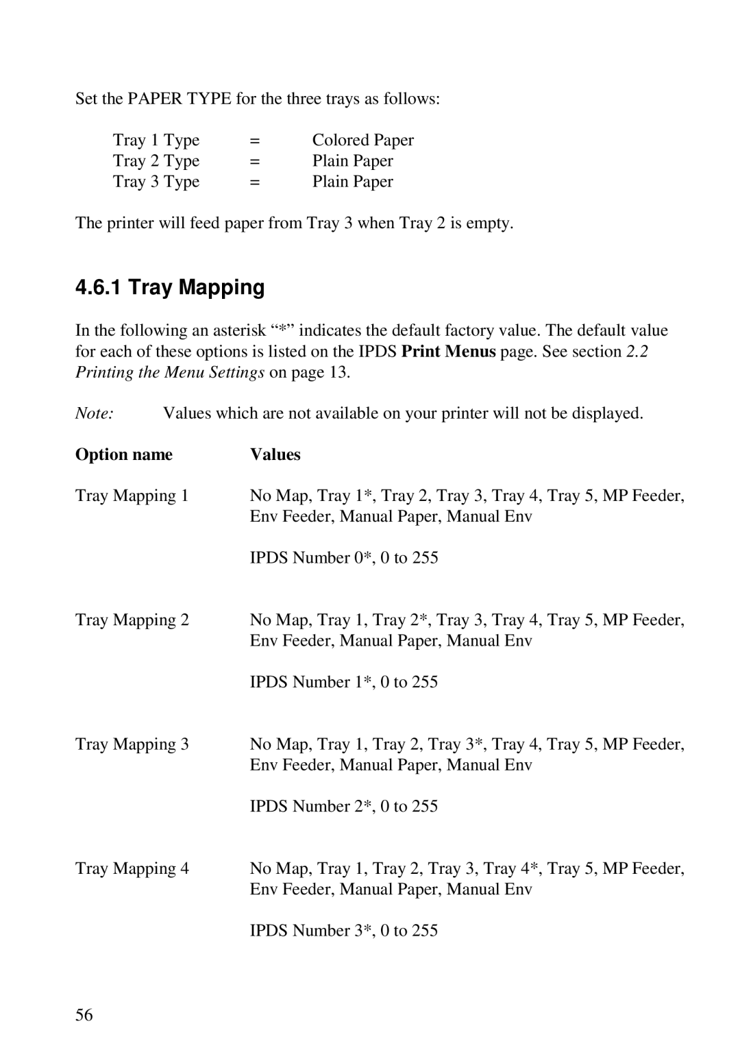 Lexmark 3455 manual Tray Mapping, Option name Values 