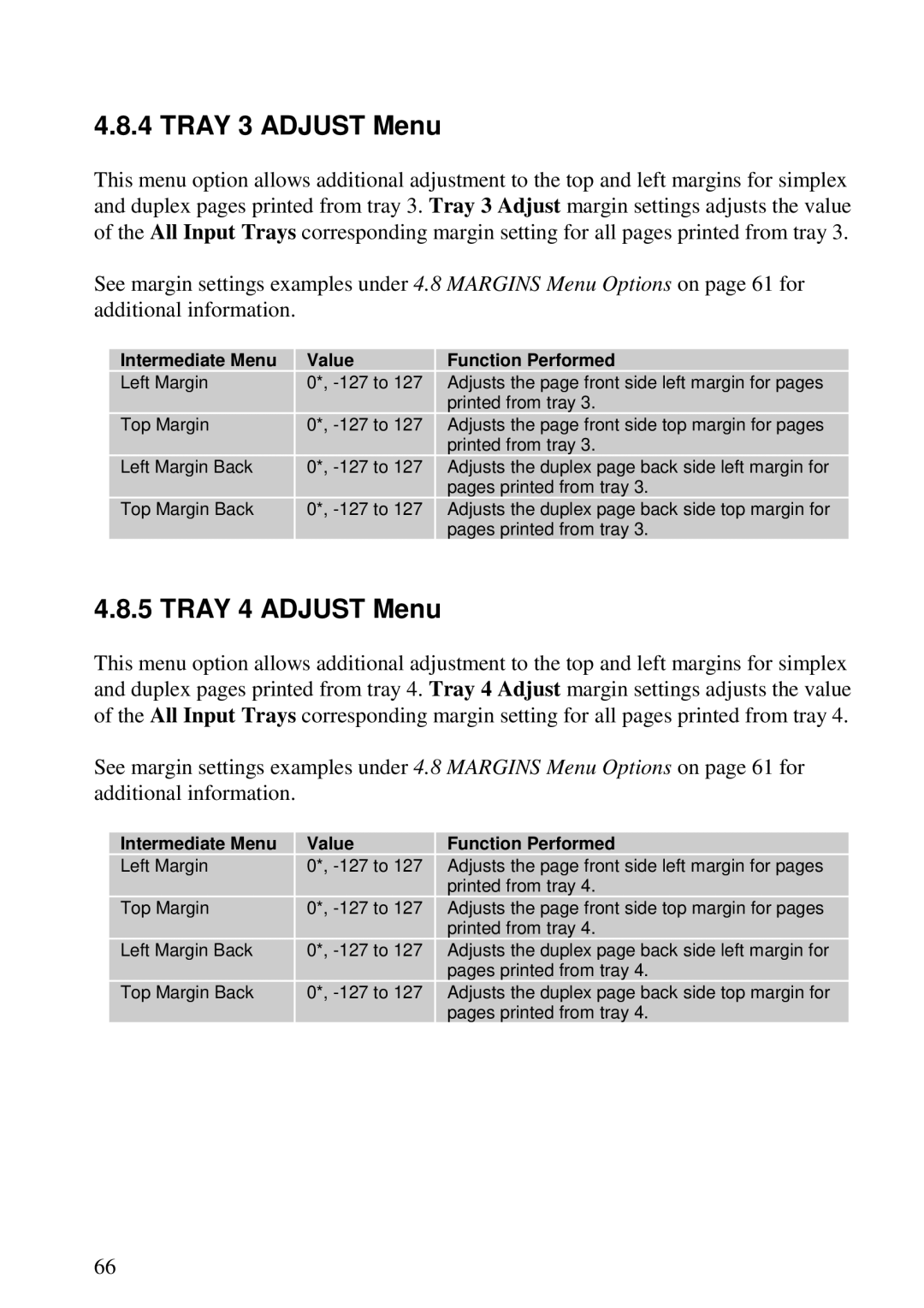 Lexmark 3455 manual Tray 3 Adjust Menu, Tray 4 Adjust Menu 