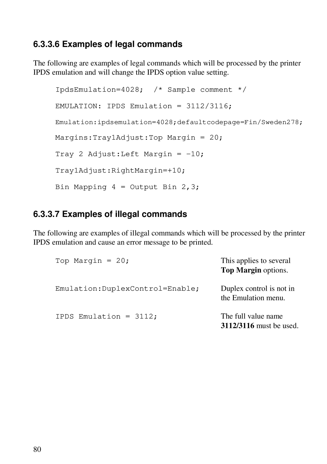 Lexmark 3455 manual Examples of legal commands, Examples of illegal commands, Top Margin options 