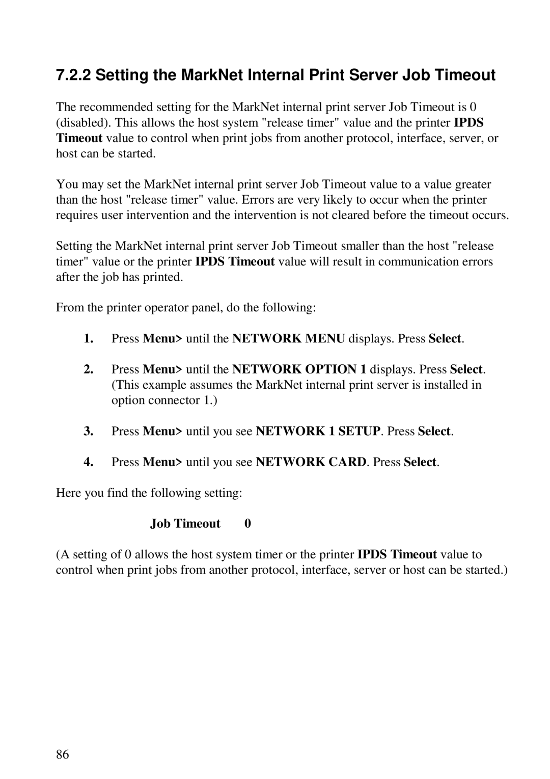 Lexmark 3455 manual Setting the MarkNet Internal Print Server Job Timeout 