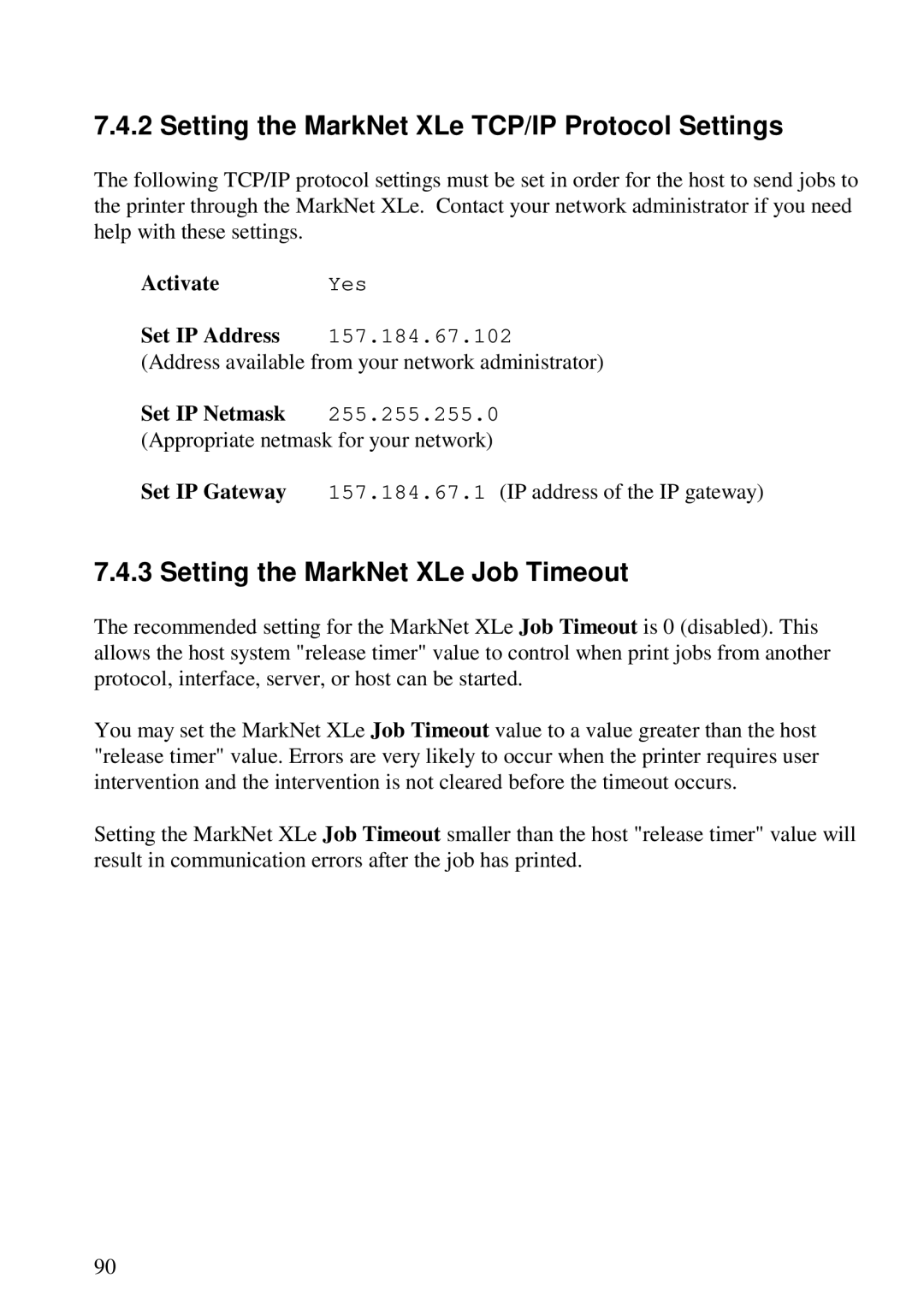 Lexmark 3455 manual Setting the MarkNet XLe TCP/IP Protocol Settings, Setting the MarkNet XLe Job Timeout, Activate 