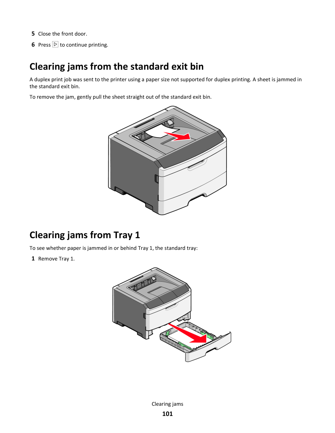 Lexmark 34S0305, 34S0100, 34S0300, 34S5164 manual Clearing jams from the standard exit bin, Clearing jams from Tray 