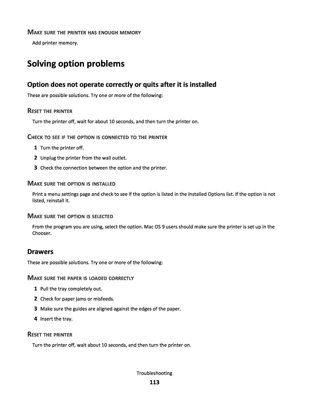 Lexmark 34S0305 manual Solving option problems, Option does not operate correctly or quits after it is installed, Drawers 
