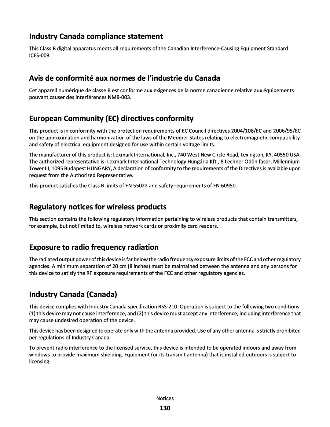 Lexmark 34S0300, 34S0100 manual Industry Canada compliance statement, Avis de conformité aux normes de l’industrie du Canada 