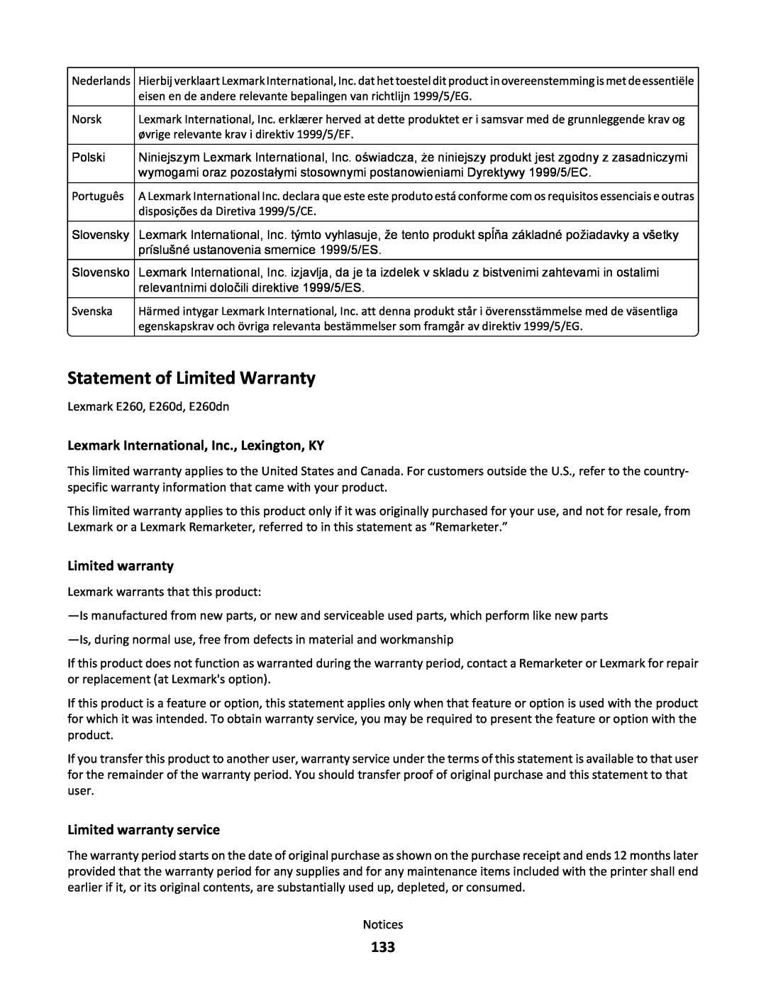Lexmark 34S0305, 34S0100 manual Statement of Limited Warranty, Lexmark International, Inc., Lexington, KY, Limited warranty 