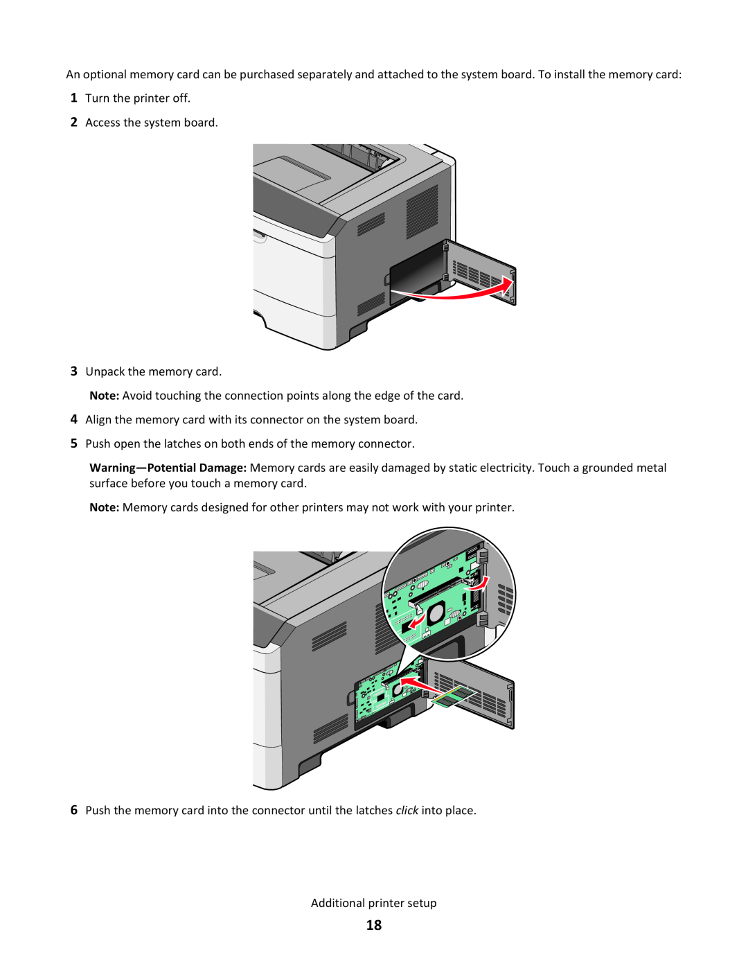 Lexmark 34S0300, 34S0100 Turn the printer off 2 Access the system board, Unpack the memory card, Additional printer setup 