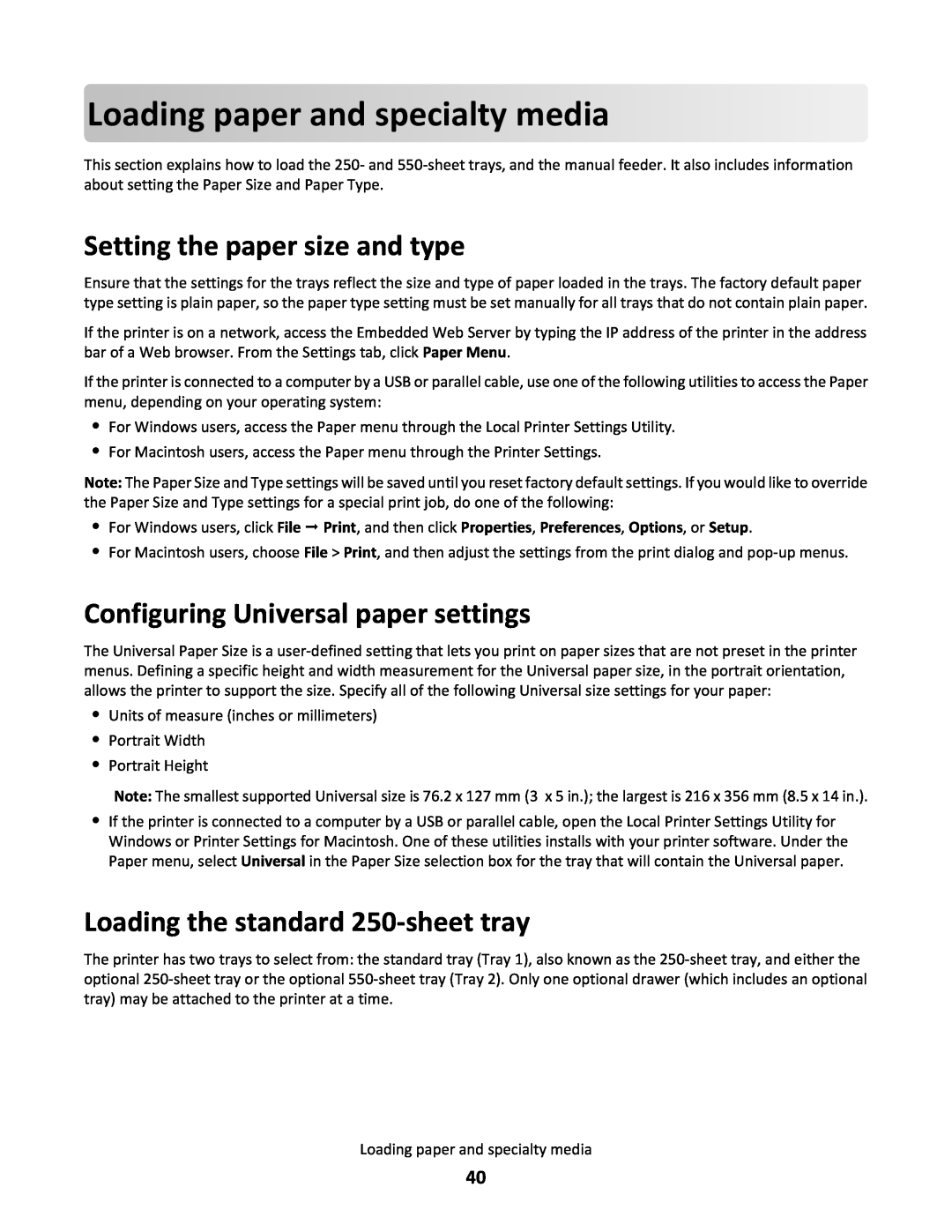 Lexmark 34S0100 Loading paper andspecialtymedia, Setting the paper size and type, Configuring Universal paper settings 