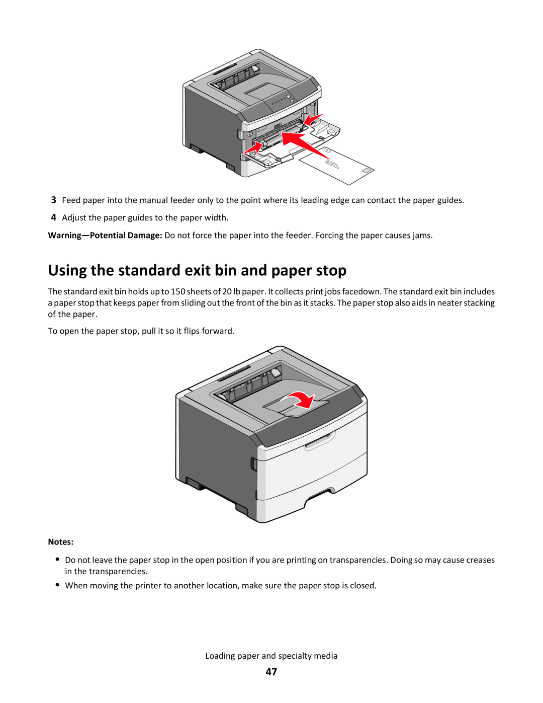 Lexmark 34S5164, 34S0100, 34S0305, 34S0300 manual Using the standard exit bin and paper stop 