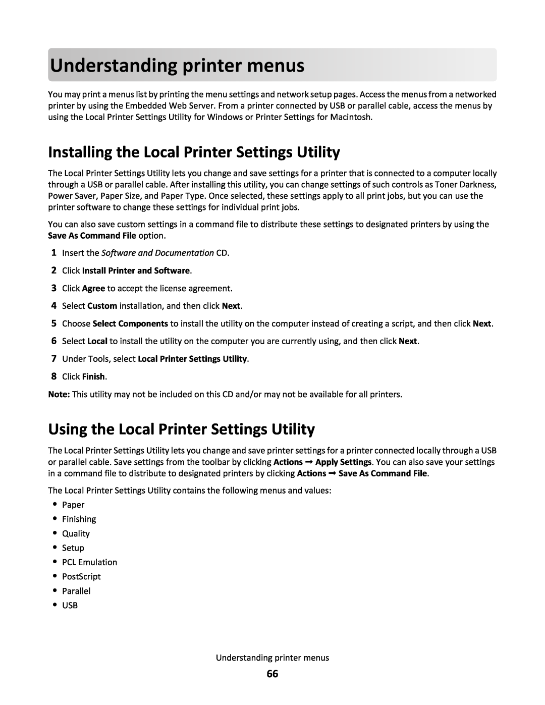Lexmark 34S0300, 34S0100, 34S0305, 34S5164 manual Understanding printermenus, Installing the Local Printer Settings Utility 