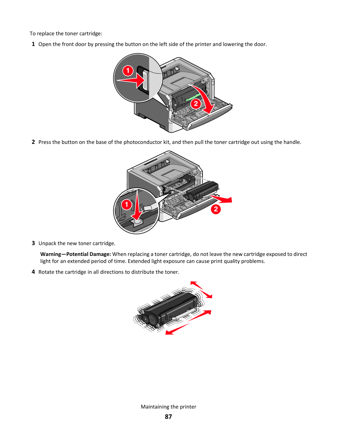 Lexmark 34S5164, 34S0100, 34S0305 To replace the toner cartridge, Unpack the new toner cartridge, Maintaining the printer 