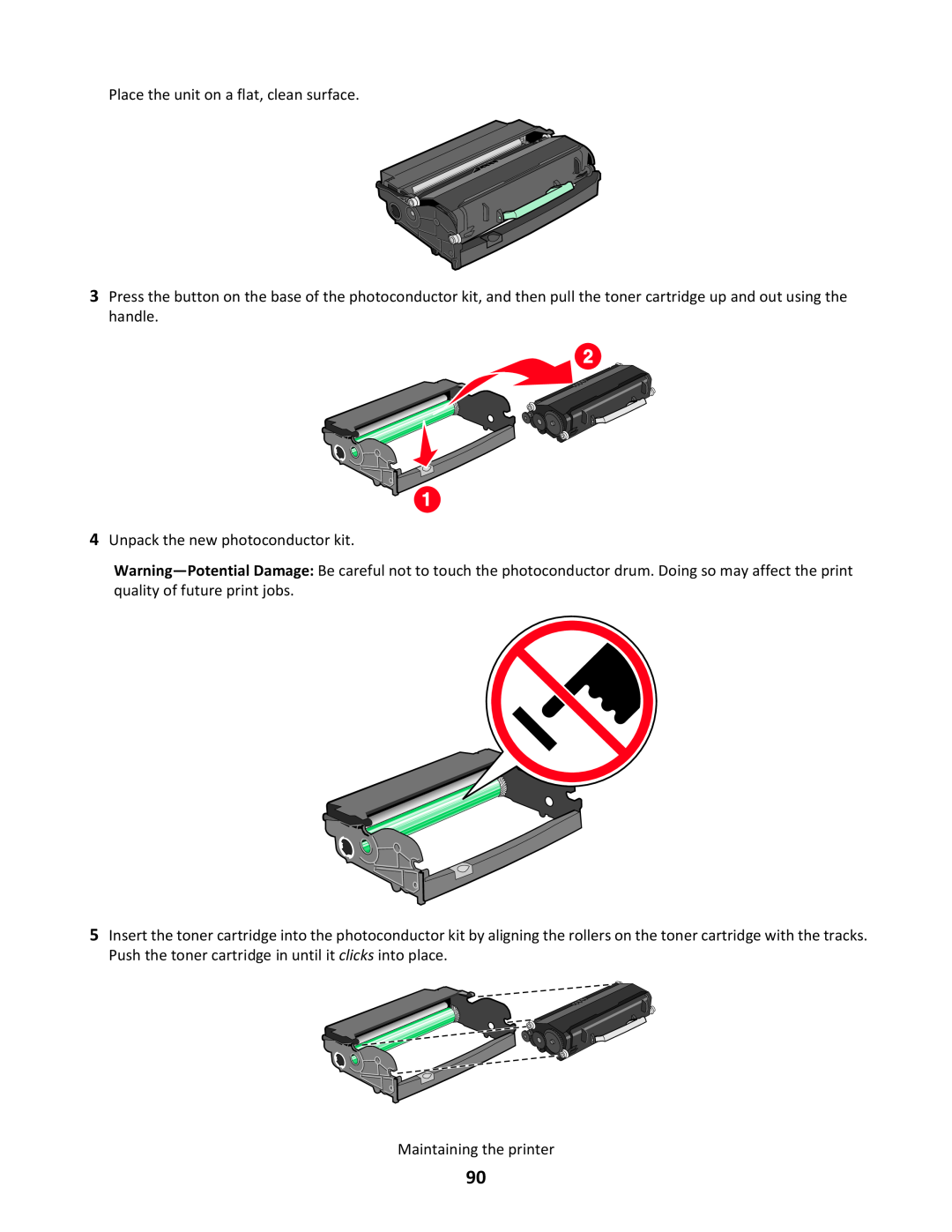 Lexmark 34S0300 manual Place the unit on a flat, clean surface, Unpack the new photoconductor kit, Maintaining the printer 