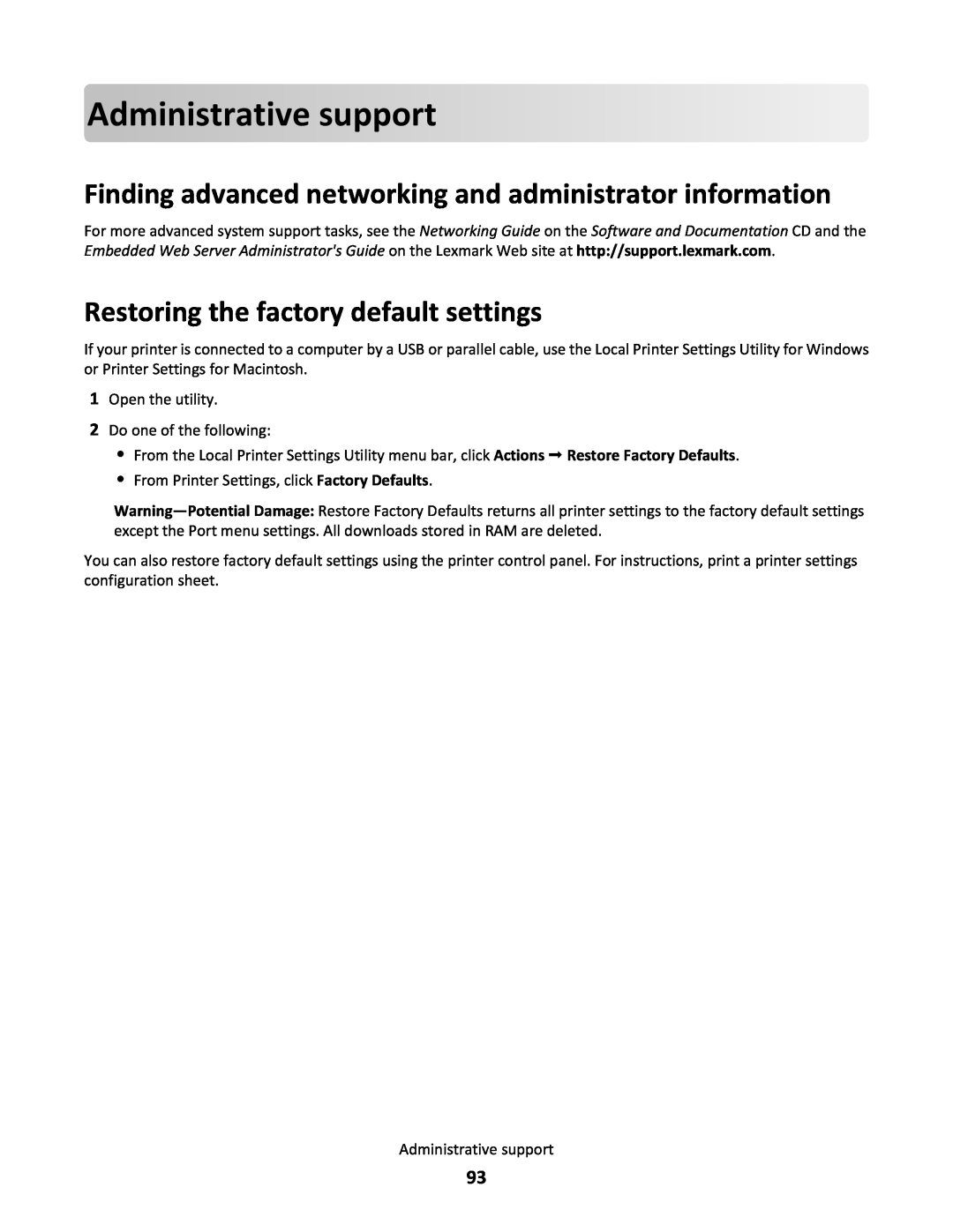 Lexmark 34S0305, 34S0100, 34S0300, 34S5164 Adminis trativesupport, Finding advanced networking and administrator information 