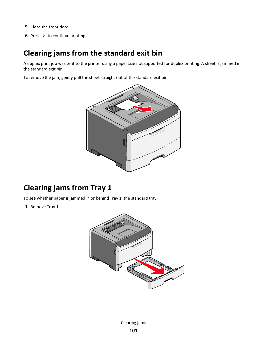 Lexmark 34S0305, 34S0100, 34S0300, 34S5164 manual Clearing jams from the standard exit bin, Clearing jams from Tray, 101 