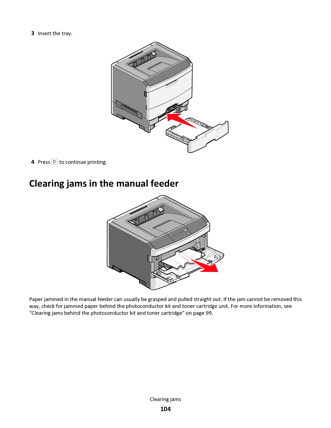 Lexmark 34S0100, 34S0305, 34S0300, 34S5164 Clearing jams in the manual feeder, 104 