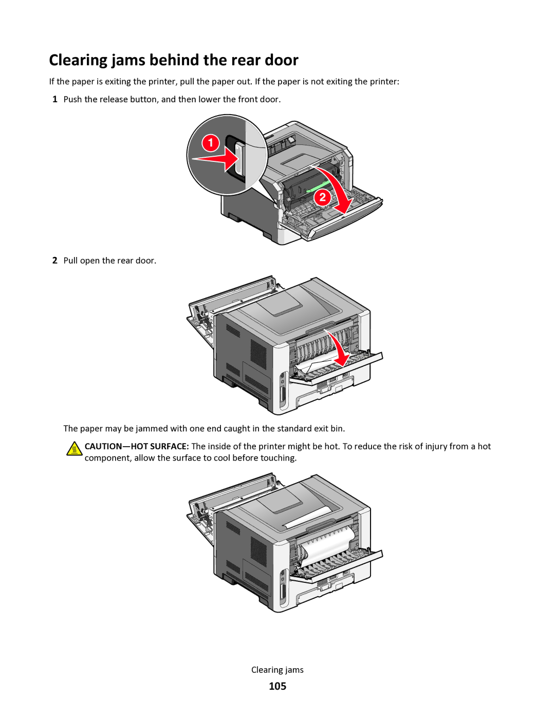 Lexmark 34S0305, 34S0100, 34S0300, 34S5164 manual Clearing jams behind the rear door, 105 