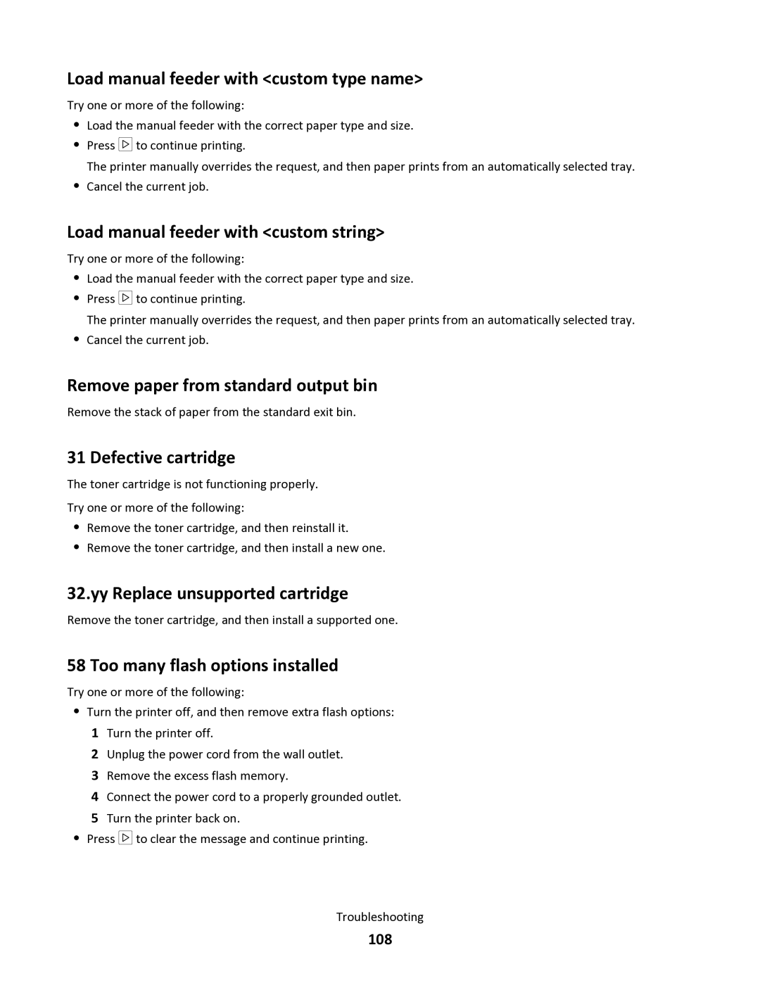 Lexmark 34S0100 Load manual feeder with custom type name, Load manual feeder with custom string, Defective cartridge 