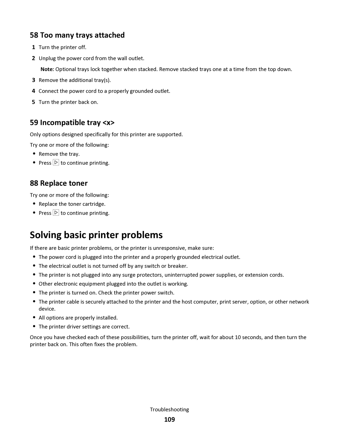 Lexmark 34S0305, 34S0100 Solving basic printer problems, Too many trays attached, Incompatible tray, Replace toner, 109 