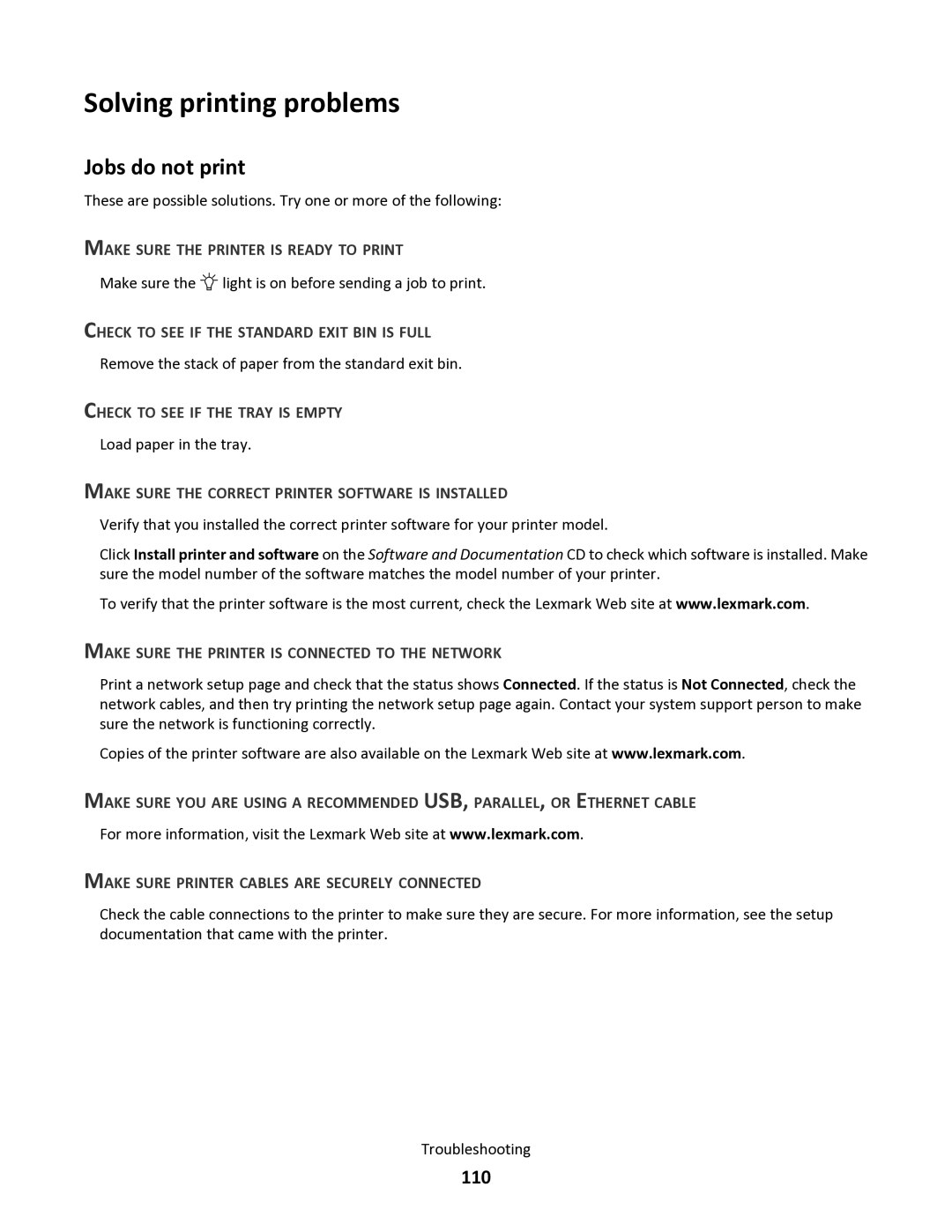 Lexmark 34S0300, 34S0100, 34S0305, 34S5164 manual Solving printing problems, Jobs do not print, 110 