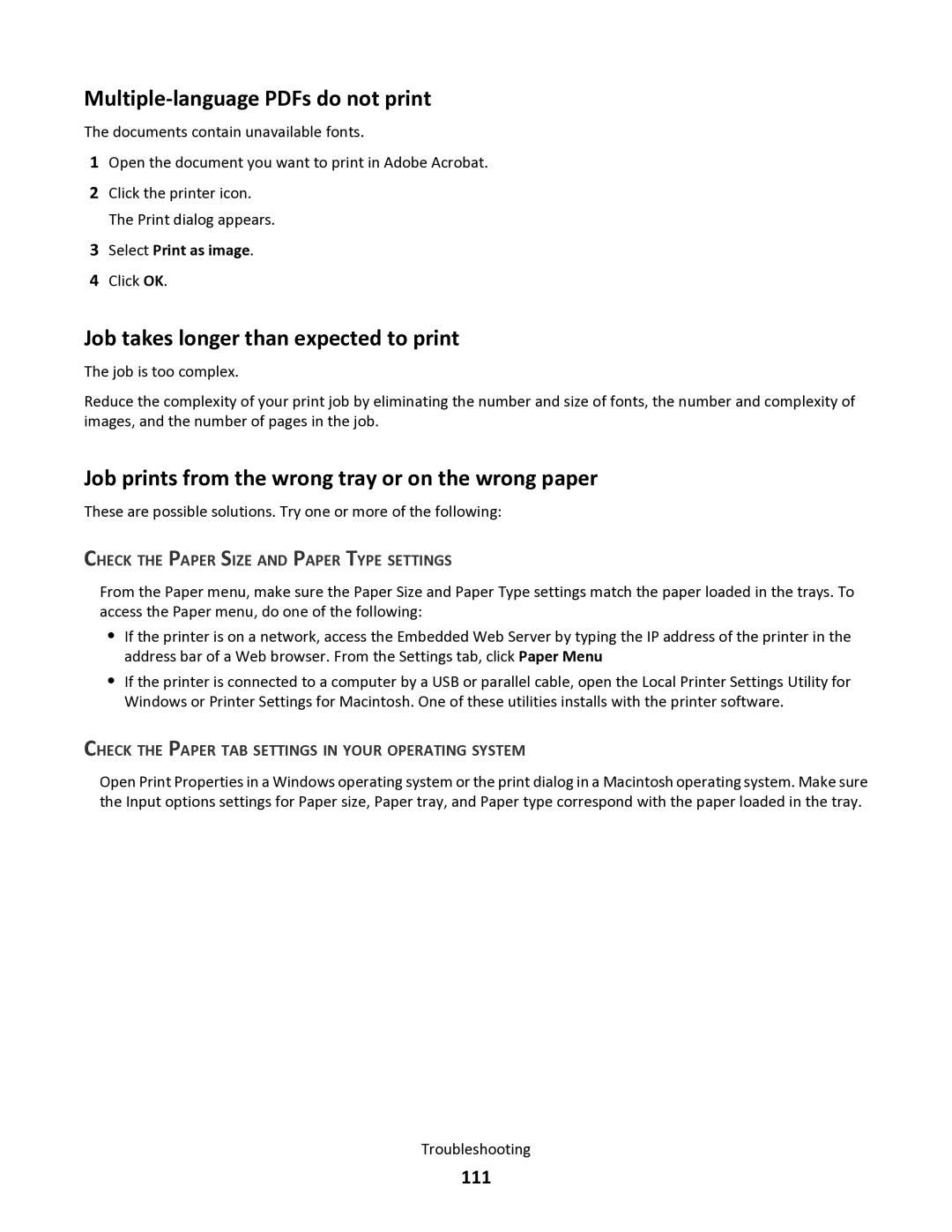 Lexmark 34S5164 manual Job takes longer than expected to print, Job prints from the wrong tray or on the wrong paper, 111 