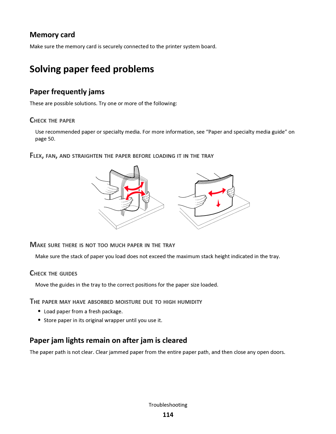 Lexmark 34S0300, 34S0100, 34S0305, 34S5164 manual Solving paper feed problems, Memory card, Paper frequently jams, 114 