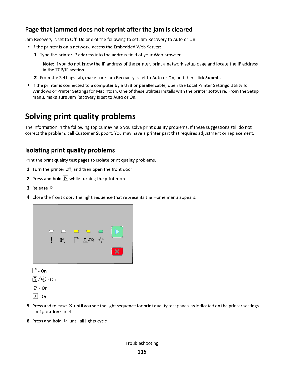 Lexmark 34S5164, 34S0100 manual Solving print quality problems, That jammed does not reprint after the jam is cleared, 115 